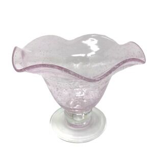 Vtg Pink Hand-Blown Controlled Bubbles Murano Art Glass Ruffle Handkerchief Bowl